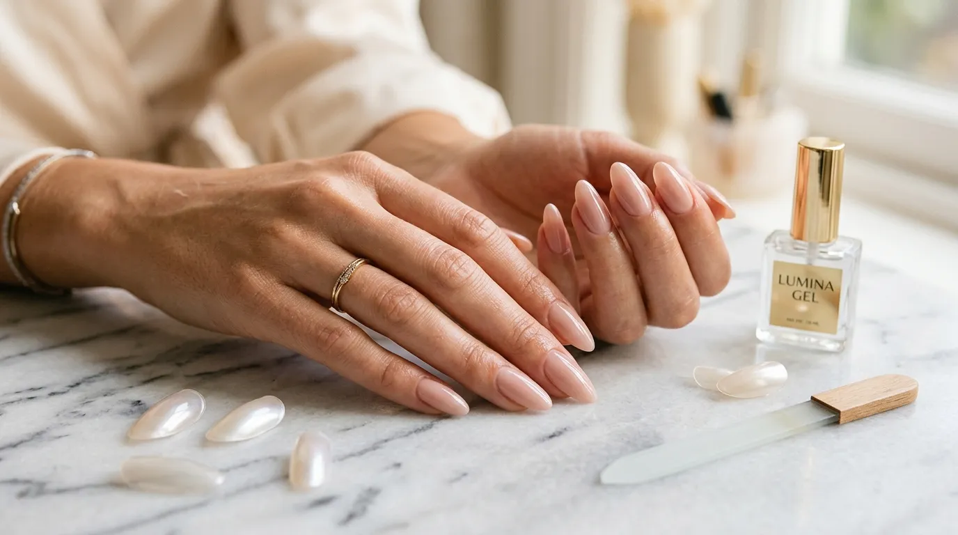 Mains avec vernis gel nude et produit de beauté